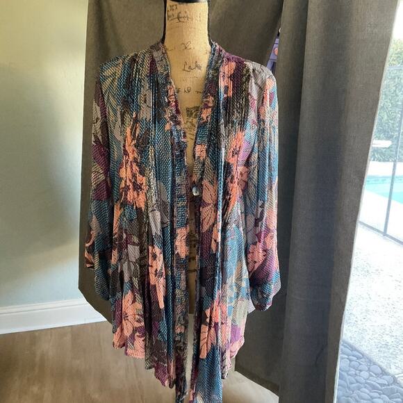 casual studio Tops - Floral silky Blouse kimono jacket pleat open front button vneck pink blue cardi